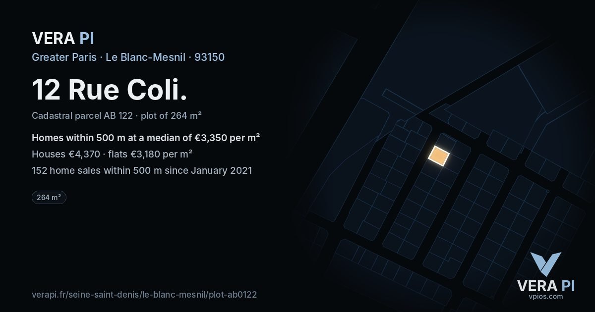 12 Rue Coli, Le Blanc-Mesnil at night – the plot lit, the parcels around coloured by the prices near them