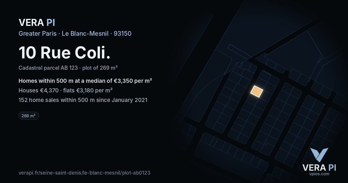 10 Rue Coli, Le Blanc-Mesnil at night – the plot lit, the parcels around coloured by the prices near them