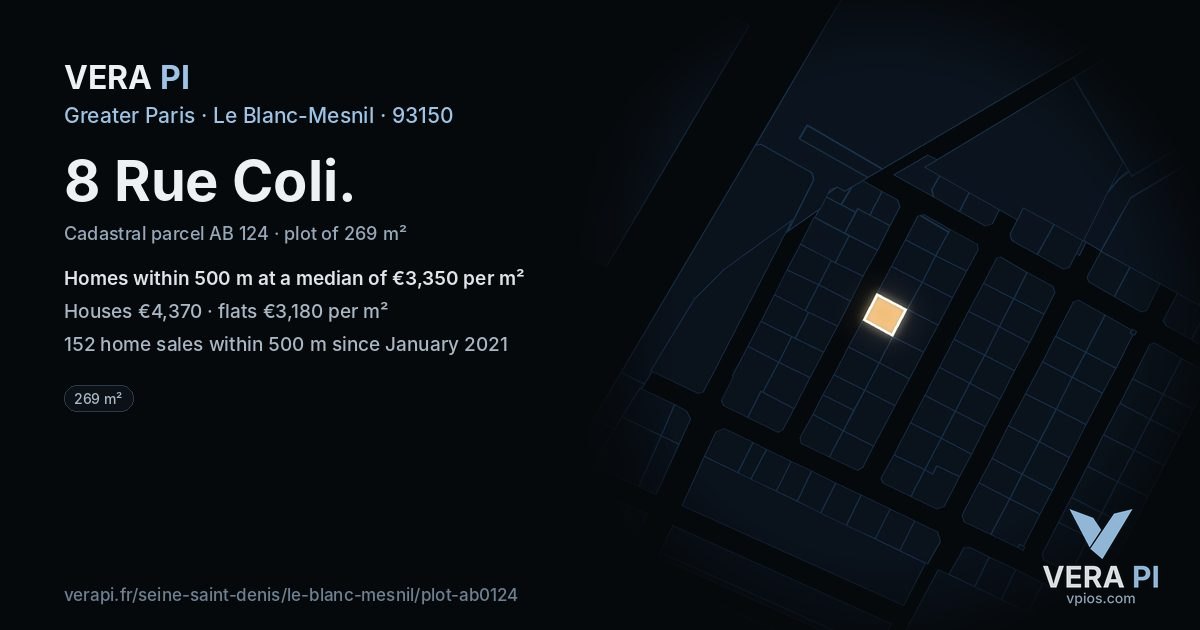 8 Rue Coli, Le Blanc-Mesnil at night – the plot lit, the parcels around coloured by the prices near them