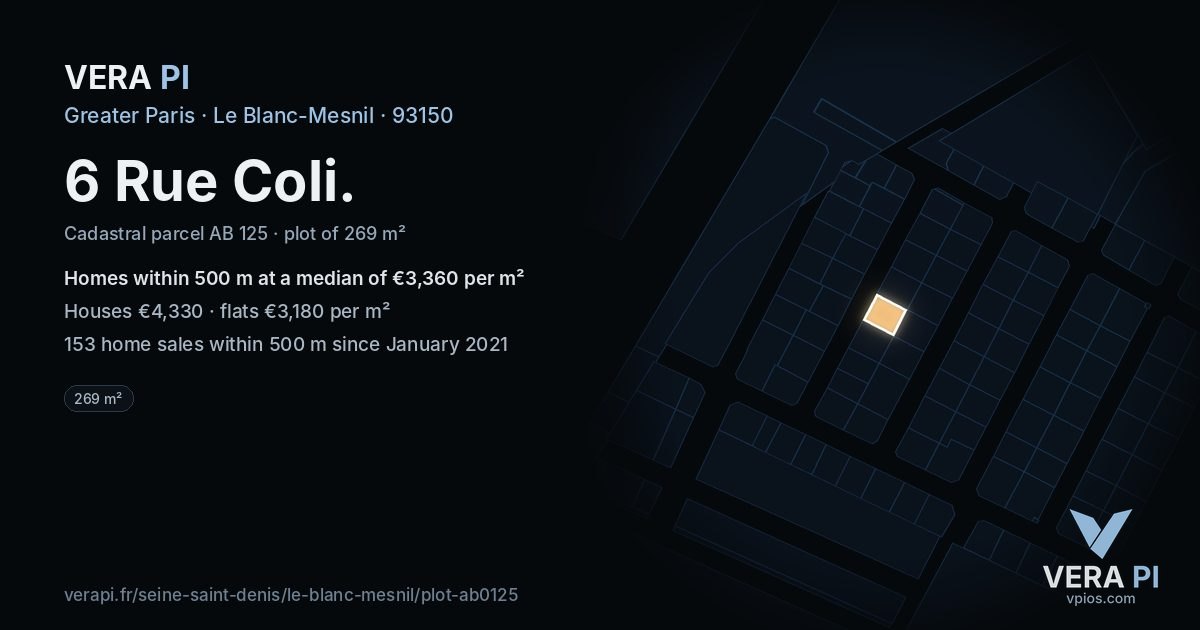 6 Rue Coli, Le Blanc-Mesnil at night – the plot lit, the parcels around coloured by the prices near them