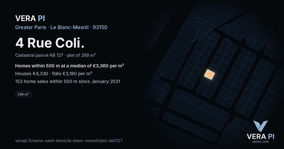4 Rue Coli, Le Blanc-Mesnil at night – the plot lit, the parcels around coloured by the prices near them