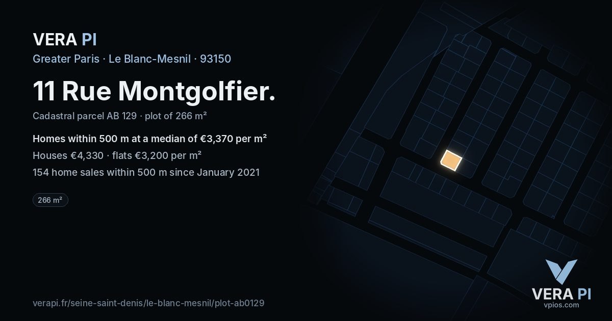 11 Rue Montgolfier, Le Blanc-Mesnil at night – the plot lit, the parcels around coloured by the prices near them