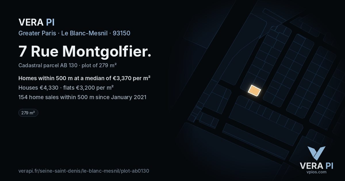 7 Rue Montgolfier, Le Blanc-Mesnil at night – the plot lit, the parcels around coloured by the prices near them