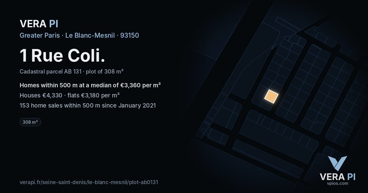 1 Rue Coli, Le Blanc-Mesnil at night – the plot lit, the parcels around coloured by the prices near them
