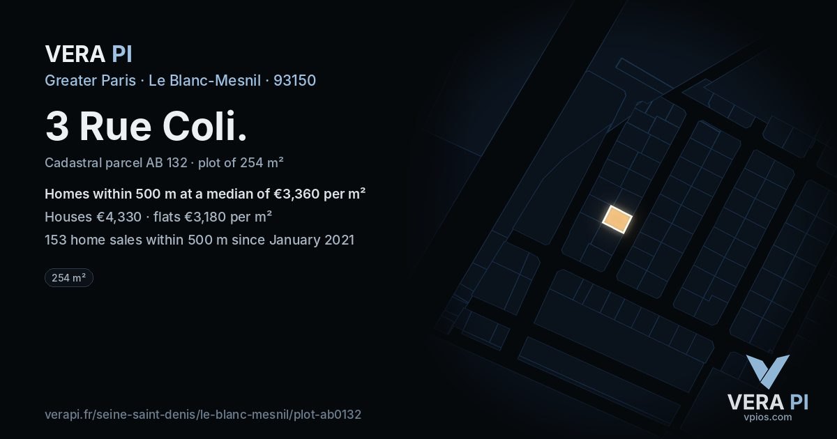 3 Rue Coli, Le Blanc-Mesnil at night – the plot lit, the parcels around coloured by the prices near them