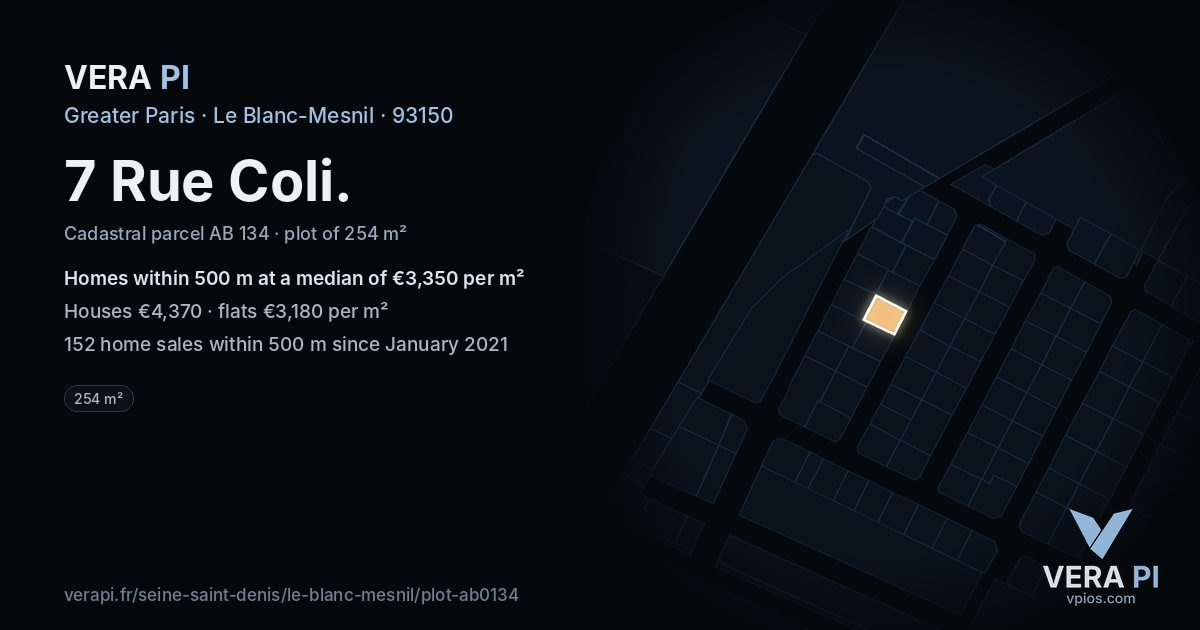 7 Rue Coli, Le Blanc-Mesnil at night – the plot lit, the parcels around coloured by the prices near them