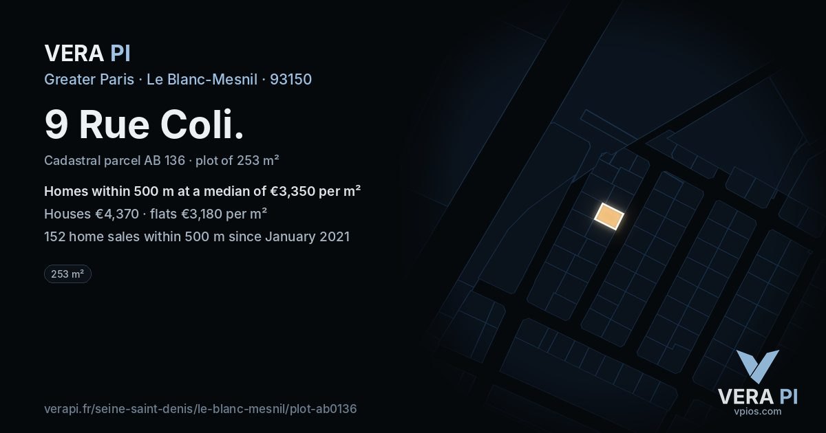 9 Rue Coli, Le Blanc-Mesnil at night – the plot lit, the parcels around coloured by the prices near them