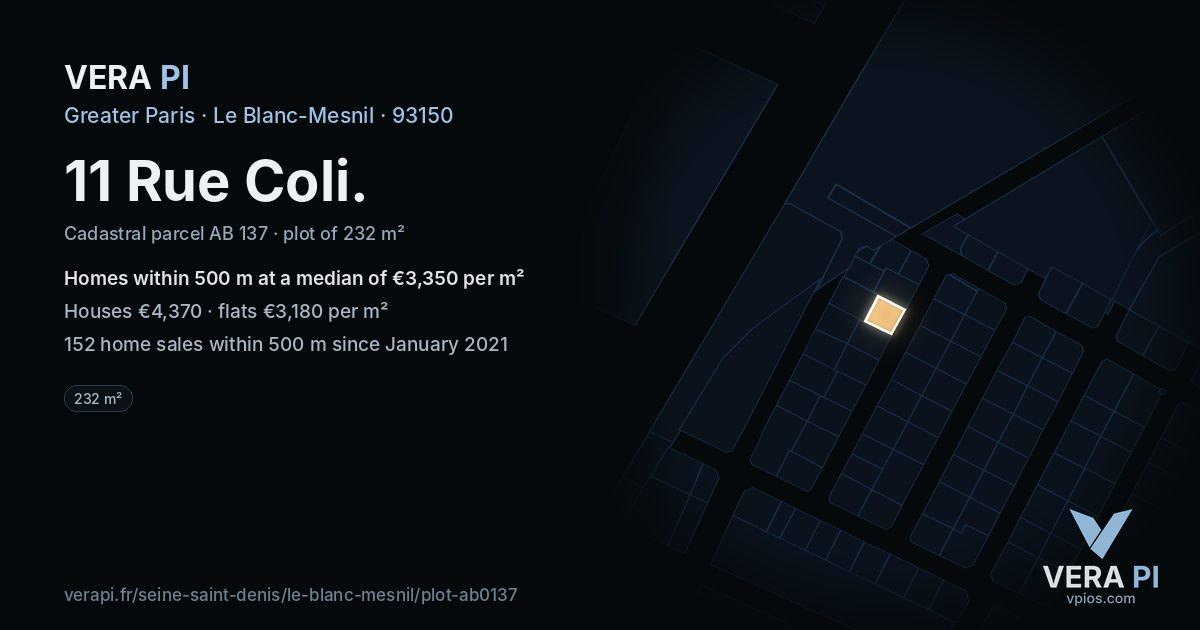 11 Rue Coli, Le Blanc-Mesnil at night – the plot lit, the parcels around coloured by the prices near them