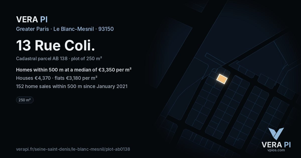 13 Rue Coli, Le Blanc-Mesnil at night – the plot lit, the parcels around coloured by the prices near them