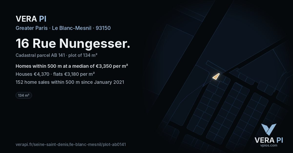 16 Rue Nungesser, Le Blanc-Mesnil at night – the plot lit, the parcels around coloured by the prices near them