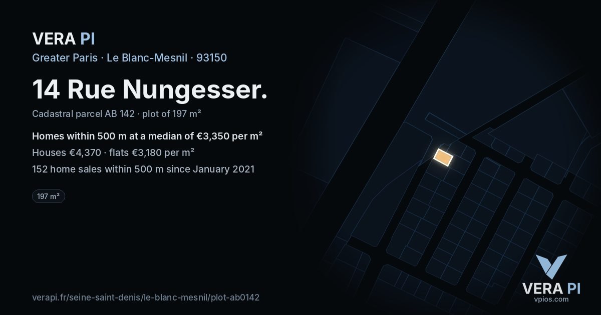 14 Rue Nungesser, Le Blanc-Mesnil at night – the plot lit, the parcels around coloured by the prices near them