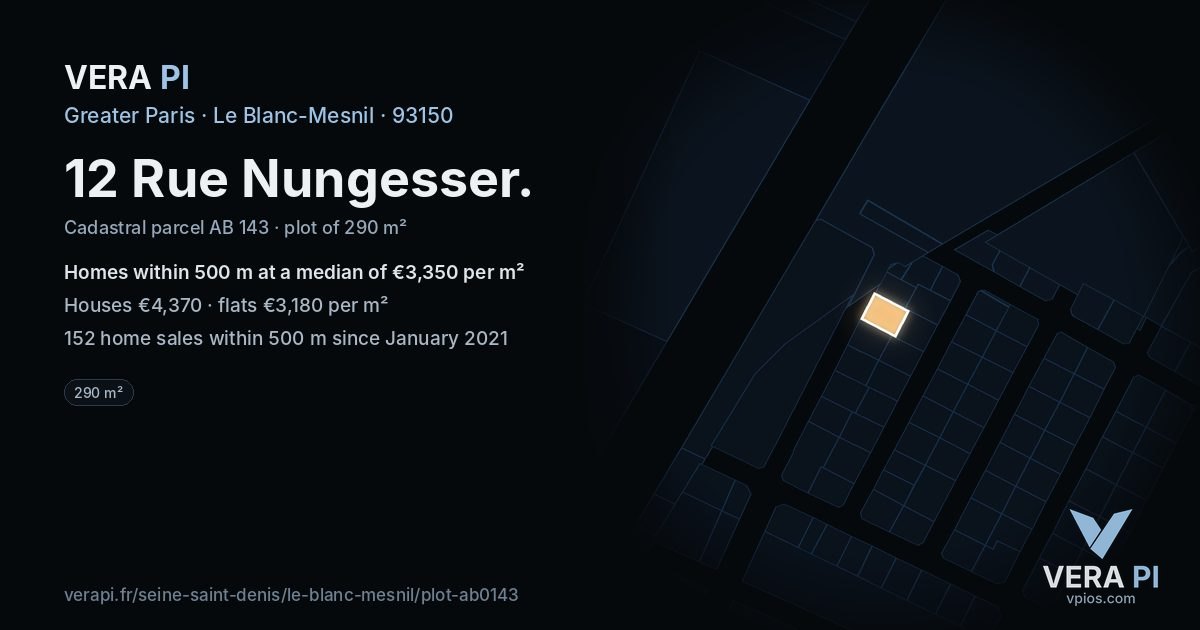 12 Rue Nungesser, Le Blanc-Mesnil at night – the plot lit, the parcels around coloured by the prices near them