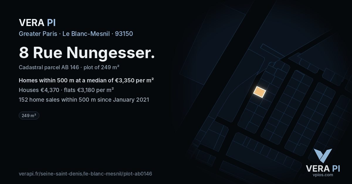 8 Rue Nungesser, Le Blanc-Mesnil at night – the plot lit, the parcels around coloured by the prices near them