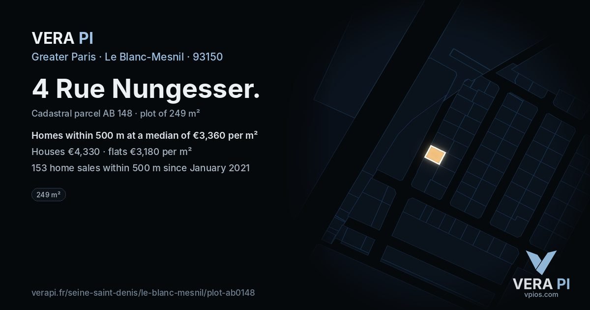 4 Rue Nungesser, Le Blanc-Mesnil at night – the plot lit, the parcels around coloured by the prices near them
