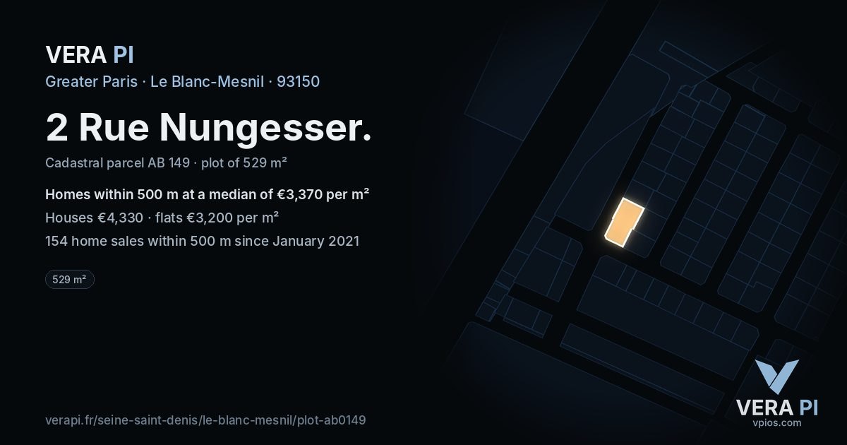 2 Rue Nungesser, Le Blanc-Mesnil at night – the plot lit, the parcels around coloured by the prices near them