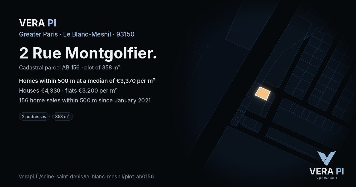 2 Rue Montgolfier, Le Blanc-Mesnil at night – the plot lit, the parcels around coloured by the prices near them