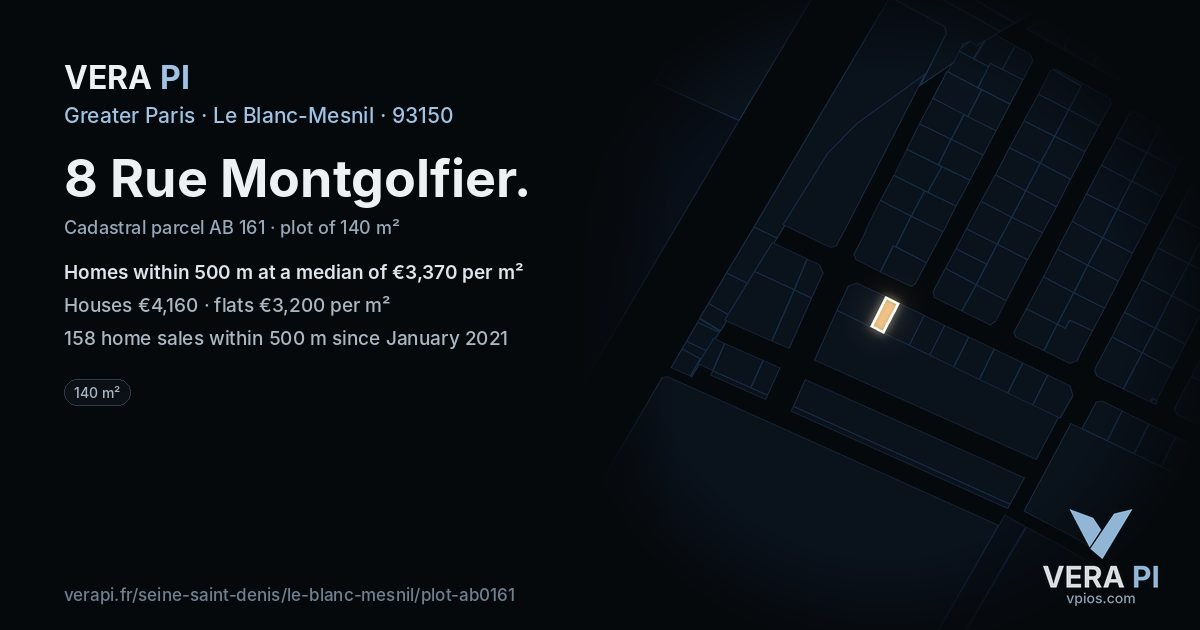 8 Rue Montgolfier, Le Blanc-Mesnil at night – the plot lit, the parcels around coloured by the prices near them