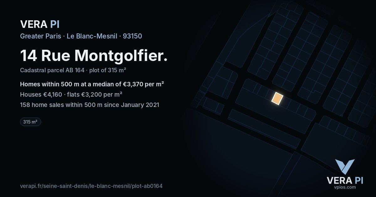 14 Rue Montgolfier, Le Blanc-Mesnil at night – the plot lit, the parcels around coloured by the prices near them