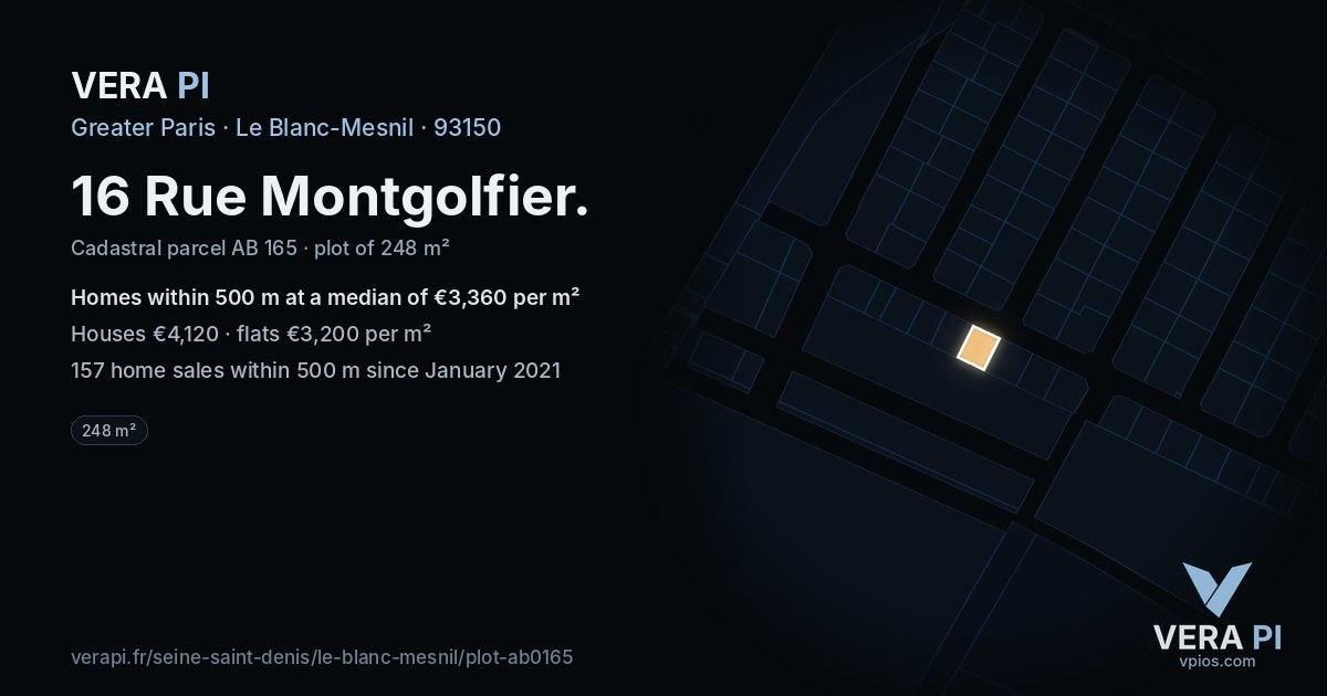 16 Rue Montgolfier, Le Blanc-Mesnil at night – the plot lit, the parcels around coloured by the prices near them