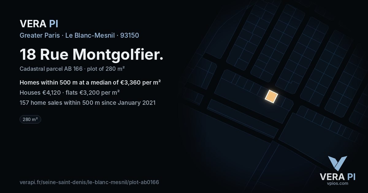 18 Rue Montgolfier, Le Blanc-Mesnil at night – the plot lit, the parcels around coloured by the prices near them