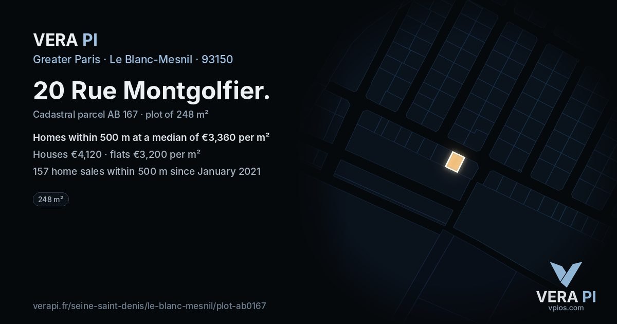 20 Rue Montgolfier, Le Blanc-Mesnil at night – the plot lit, the parcels around coloured by the prices near them