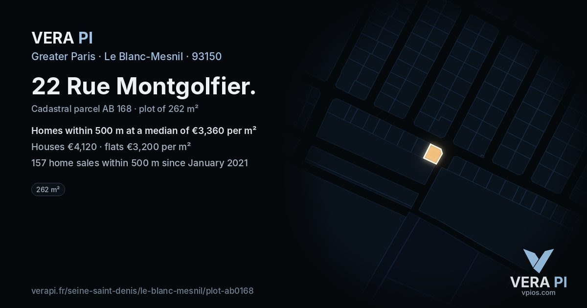 22 Rue Montgolfier, Le Blanc-Mesnil at night – the plot lit, the parcels around coloured by the prices near them
