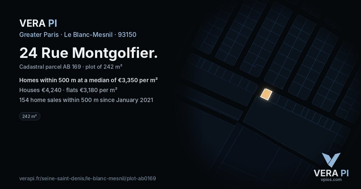 24 Rue Montgolfier, Le Blanc-Mesnil at night – the plot lit, the parcels around coloured by the prices near them