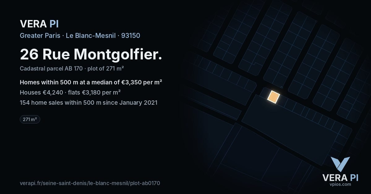 26 Rue Montgolfier, Le Blanc-Mesnil at night – the plot lit, the parcels around coloured by the prices near them