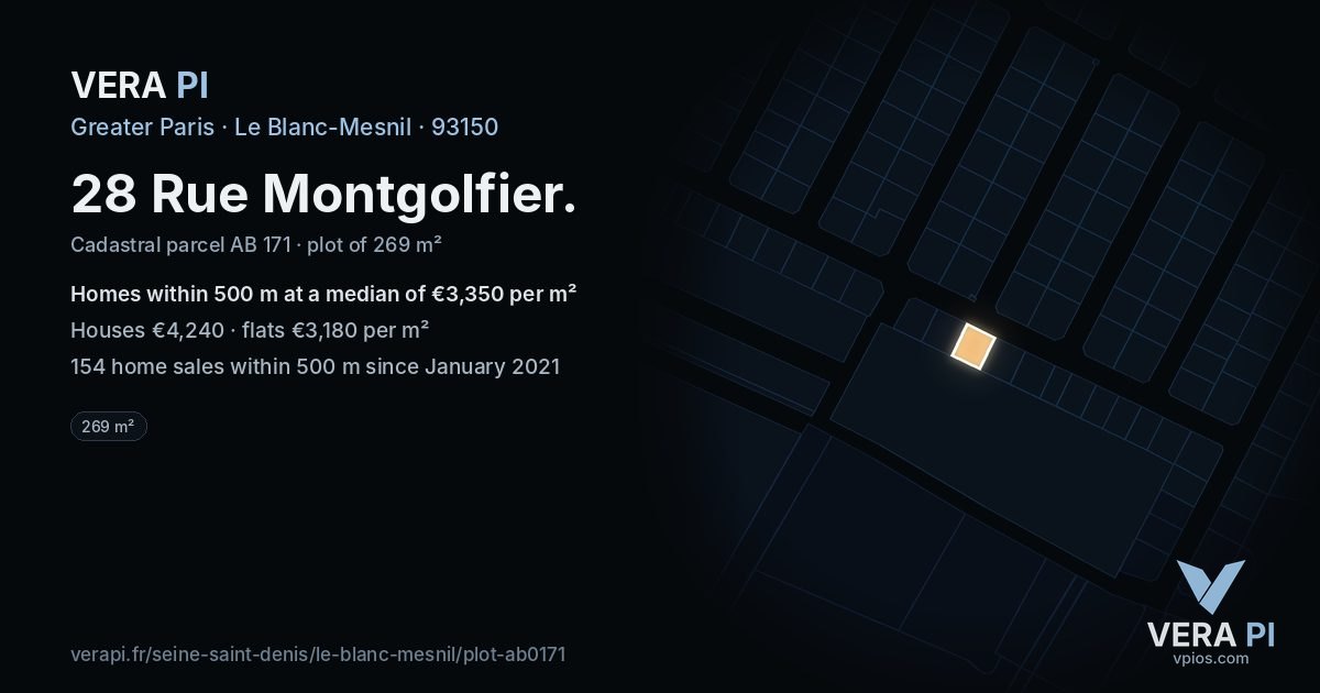 28 Rue Montgolfier, Le Blanc-Mesnil at night – the plot lit, the parcels around coloured by the prices near them