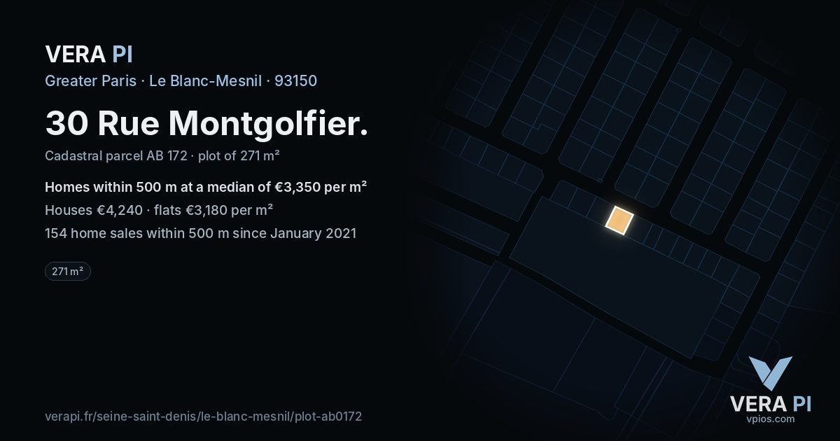 30 Rue Montgolfier, Le Blanc-Mesnil at night – the plot lit, the parcels around coloured by the prices near them
