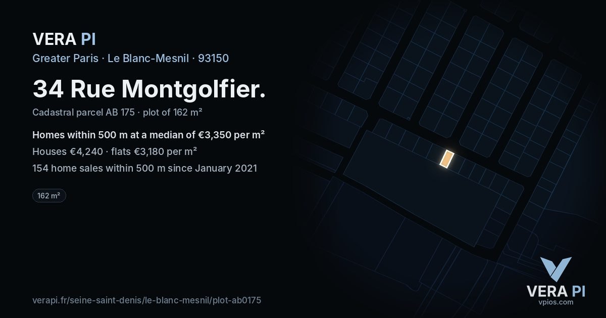 34 Rue Montgolfier, Le Blanc-Mesnil at night – the plot lit, the parcels around coloured by the prices near them