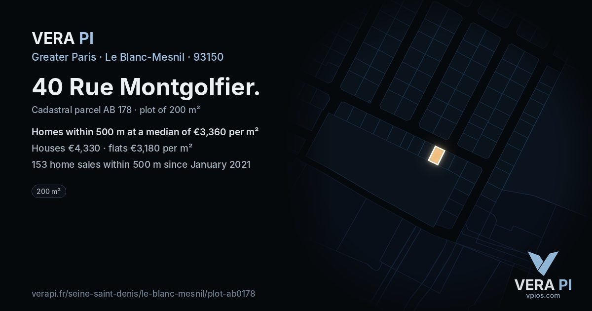 40 Rue Montgolfier, Le Blanc-Mesnil at night – the plot lit, the parcels around coloured by the prices near them