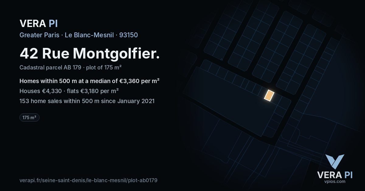 42 Rue Montgolfier, Le Blanc-Mesnil at night – the plot lit, the parcels around coloured by the prices near them