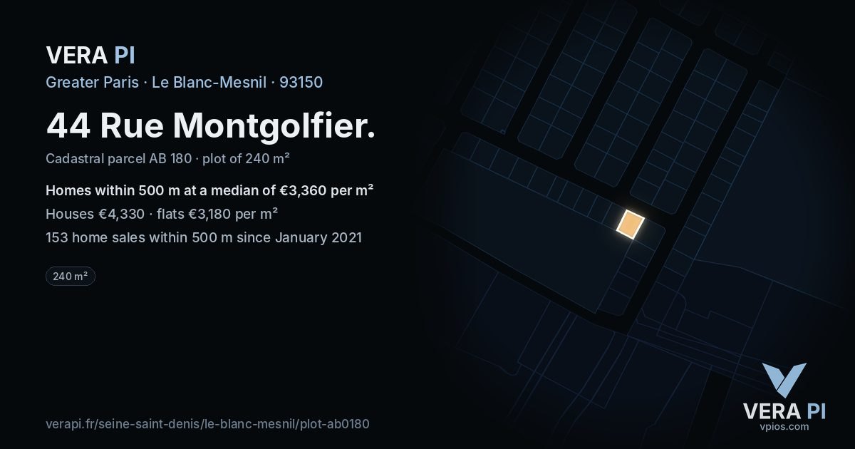 44 Rue Montgolfier, Le Blanc-Mesnil at night – the plot lit, the parcels around coloured by the prices near them