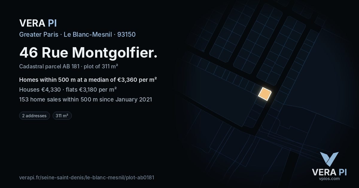 46 Rue Montgolfier, Le Blanc-Mesnil at night – the plot lit, the parcels around coloured by the prices near them