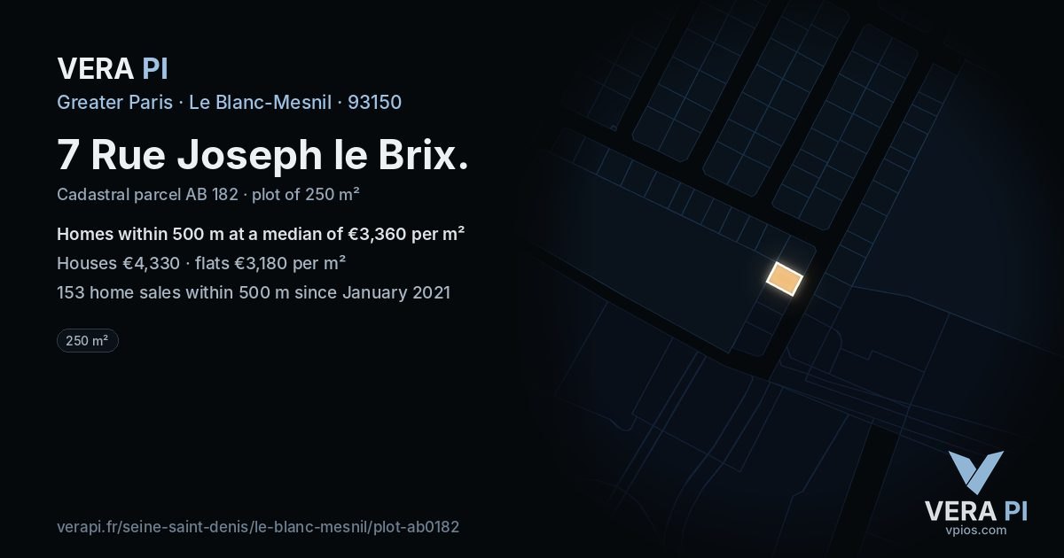 7 Rue Joseph le Brix, Le Blanc-Mesnil at night – the plot lit, the parcels around coloured by the prices near them