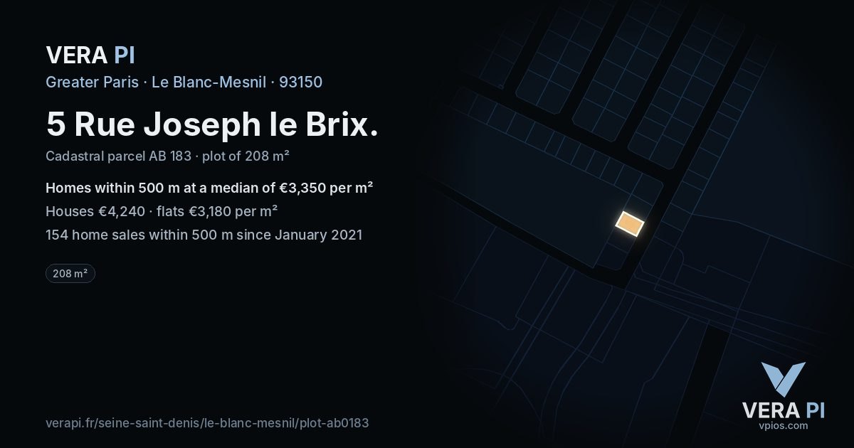 5 Rue Joseph le Brix, Le Blanc-Mesnil at night – the plot lit, the parcels around coloured by the prices near them