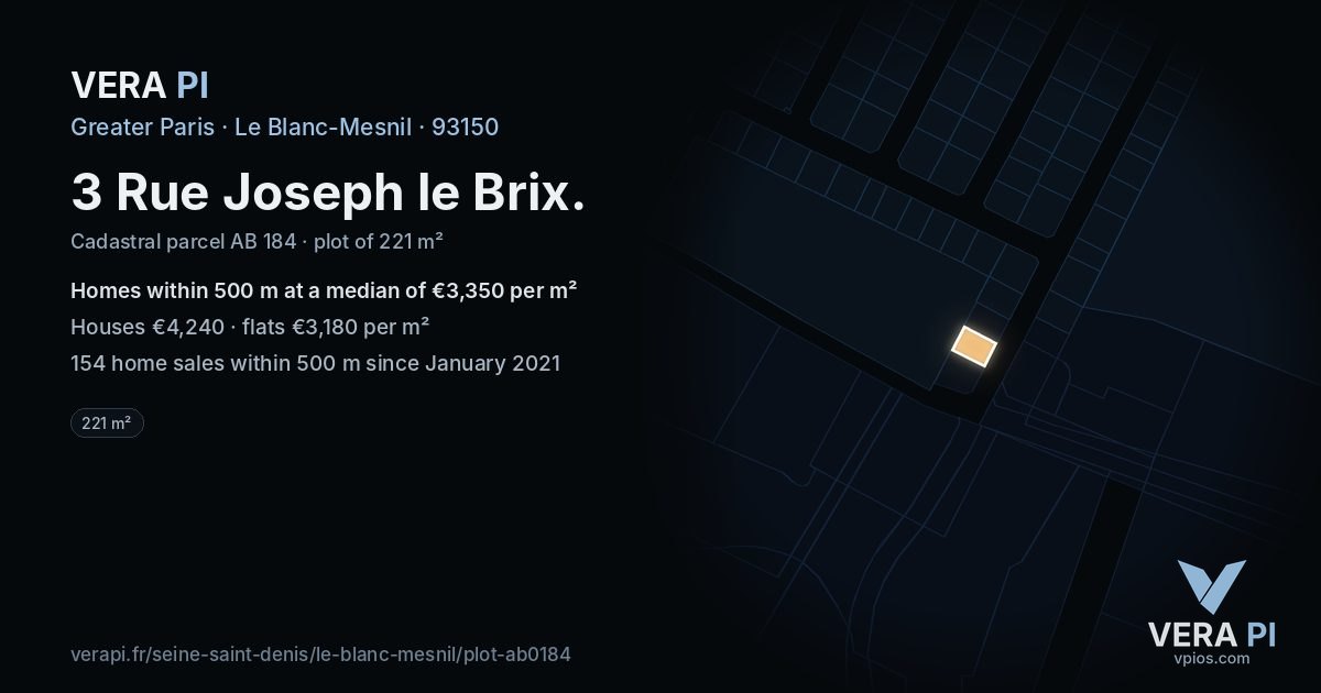 3 Rue Joseph le Brix, Le Blanc-Mesnil at night – the plot lit, the parcels around coloured by the prices near them