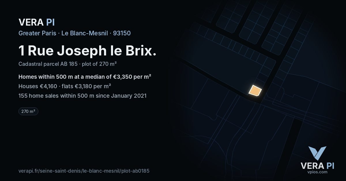 1 Rue Joseph le Brix, Le Blanc-Mesnil at night – the plot lit, the parcels around coloured by the prices near them