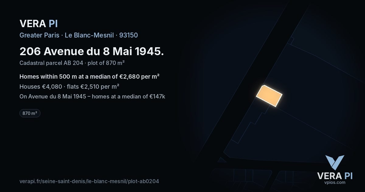 206 Avenue du 8 Mai 1945, Le Blanc-Mesnil at night – the plot lit, the parcels around coloured by the prices near them