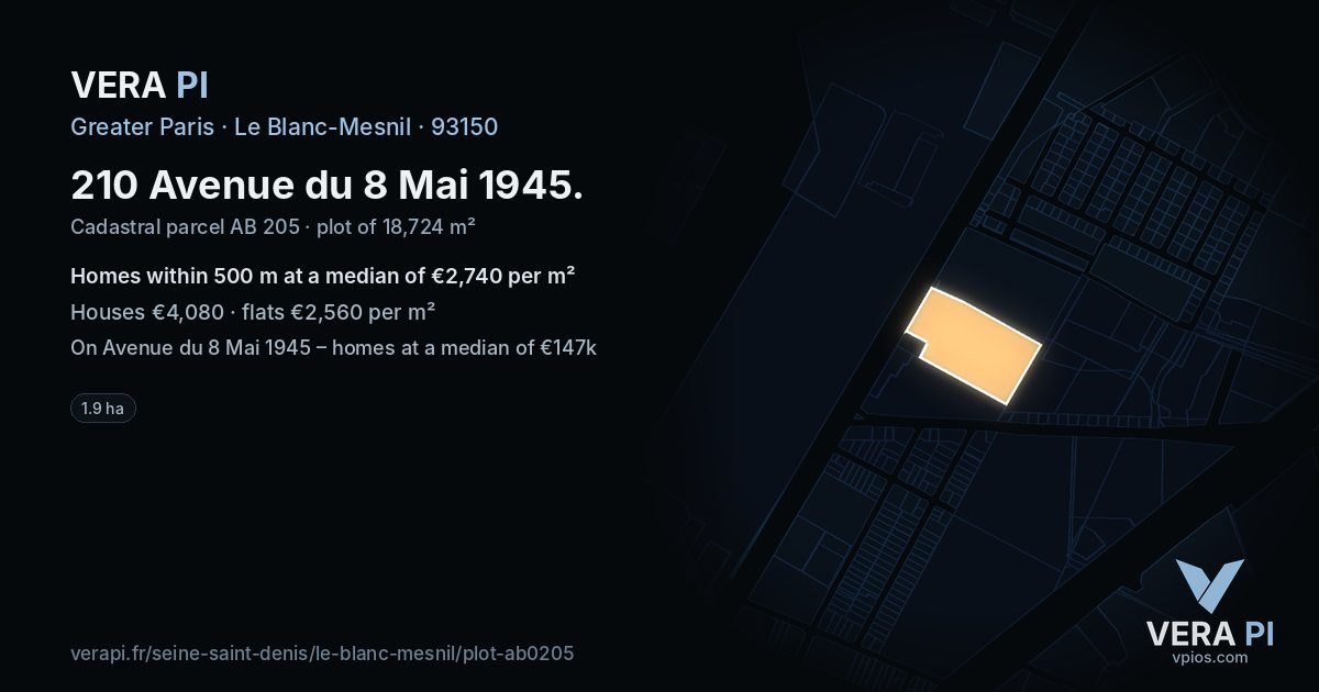 210 Avenue du 8 Mai 1945, Le Blanc-Mesnil at night – the plot lit, the parcels around coloured by the prices near them
