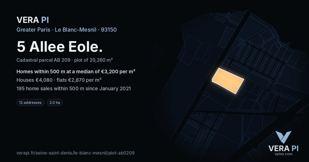 5 Allee Eole, Le Blanc-Mesnil at night – the plot lit, the parcels around coloured by the prices near them