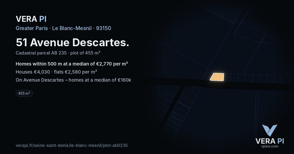 51 Avenue Descartes, Le Blanc-Mesnil at night – the plot lit, the parcels around coloured by the prices near them