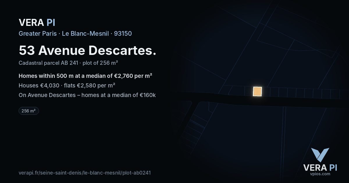 53 Avenue Descartes, Le Blanc-Mesnil at night – the plot lit, the parcels around coloured by the prices near them