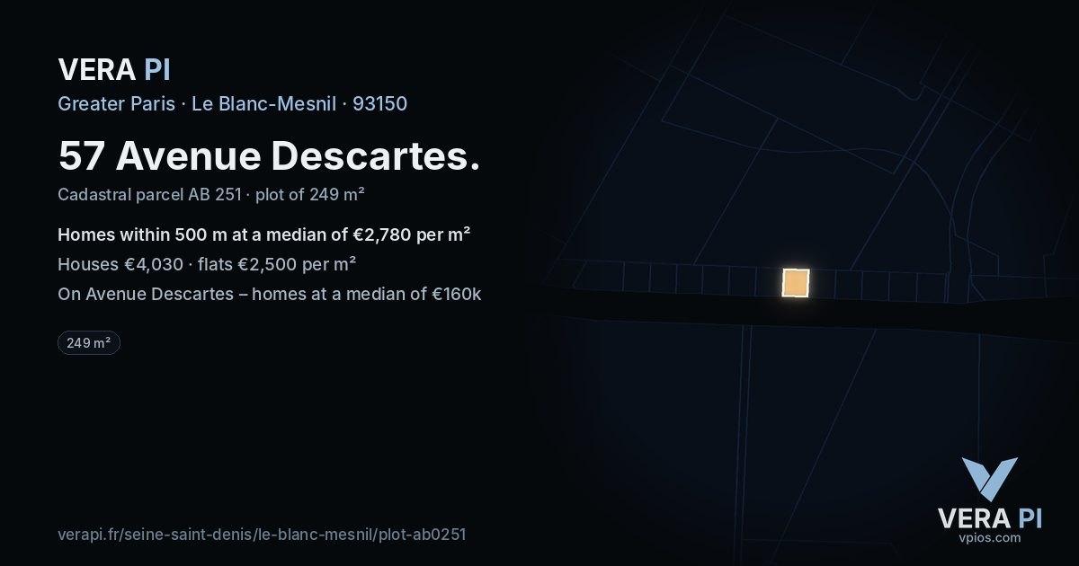 57 Avenue Descartes, Le Blanc-Mesnil at night – the plot lit, the parcels around coloured by the prices near them