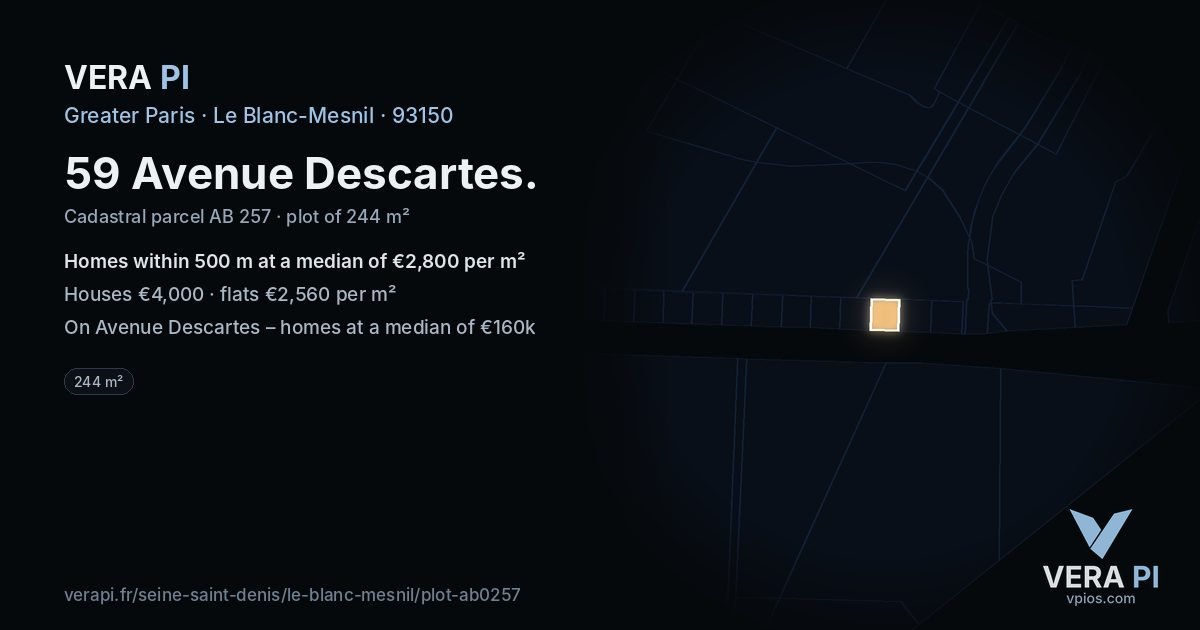 59 Avenue Descartes, Le Blanc-Mesnil at night – the plot lit, the parcels around coloured by the prices near them