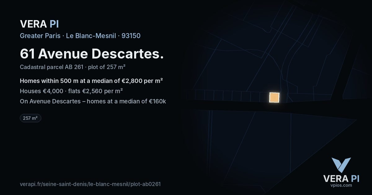 61 Avenue Descartes, Le Blanc-Mesnil at night – the plot lit, the parcels around coloured by the prices near them