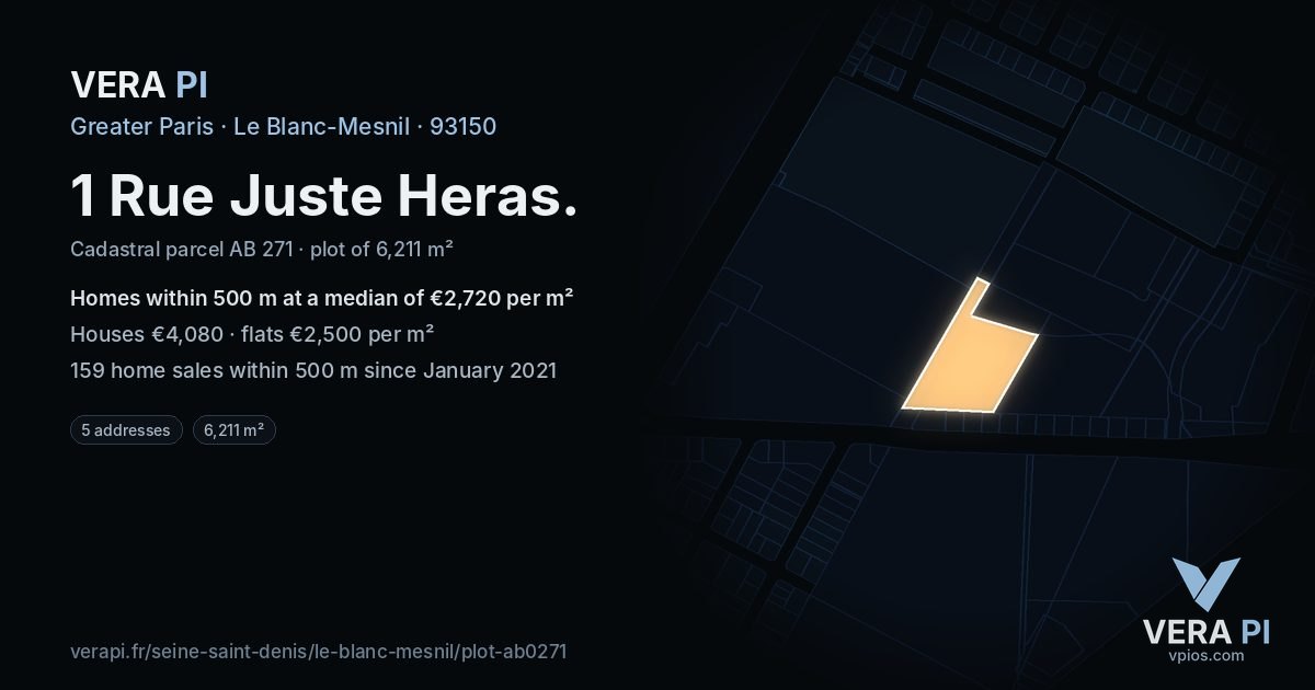 1 Rue Juste Heras, Le Blanc-Mesnil at night – the plot lit, the parcels around coloured by the prices near them