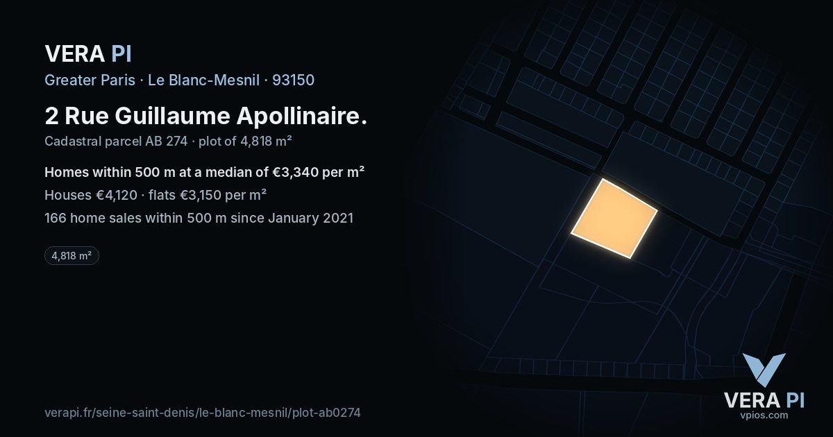 2 Rue Guillaume Apollinaire, Le Blanc-Mesnil at night – the plot lit, the parcels around coloured by the prices near them