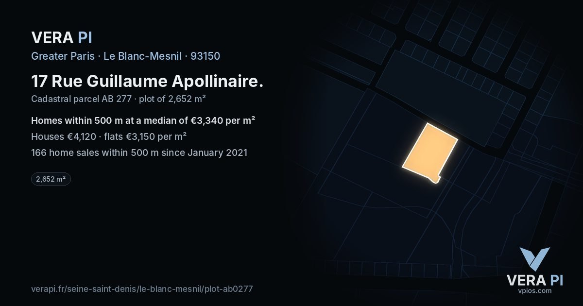 17 Rue Guillaume Apollinaire, Le Blanc-Mesnil at night – the plot lit, the parcels around coloured by the prices near them